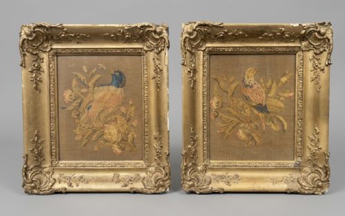 PAIR OF EMBROIDERIES OF BIRDS IN GILT FRAMES