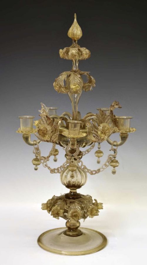 C19TH MURANO GLASS FIVE BRANCH CANDELABRA