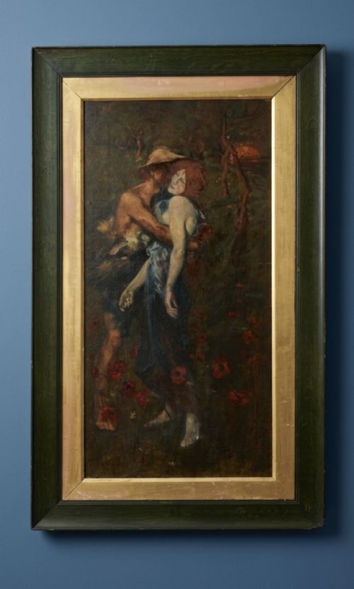 A COPY OF GREIFFENHAGENS AN IDYLL OIL PAINTING OF A COUPLE IN INTIMATE POSE