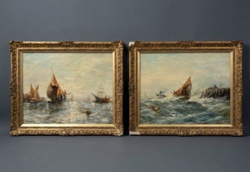 PAIR OF OIL PAINTINGS ON BOARD OF MARITIME SCENES IN GILT FRAMES