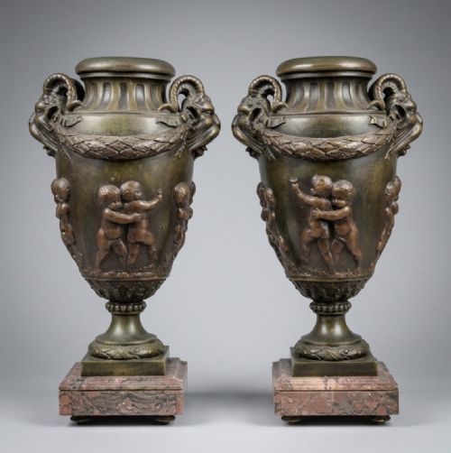 Large Bronzed Spelter Urns on Marble Bases