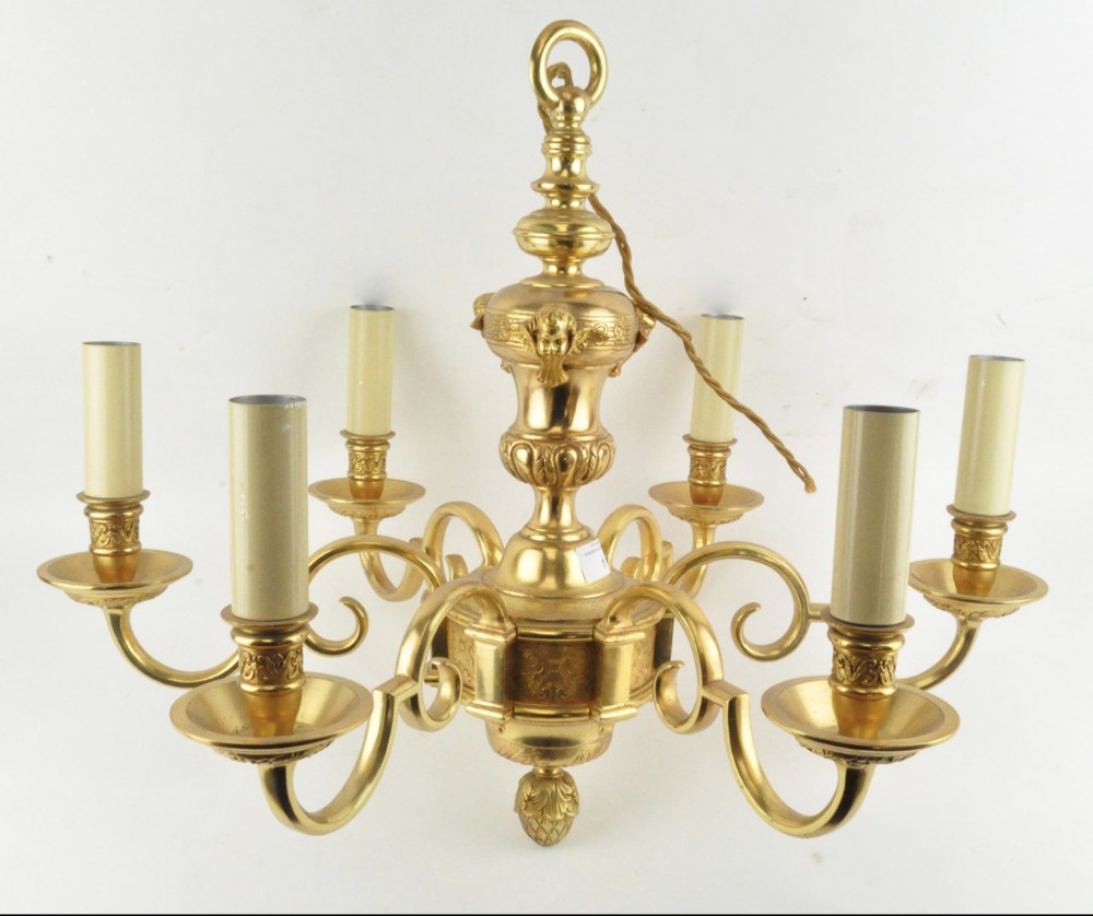Edwardian cast gilt ormolu six light chandelier