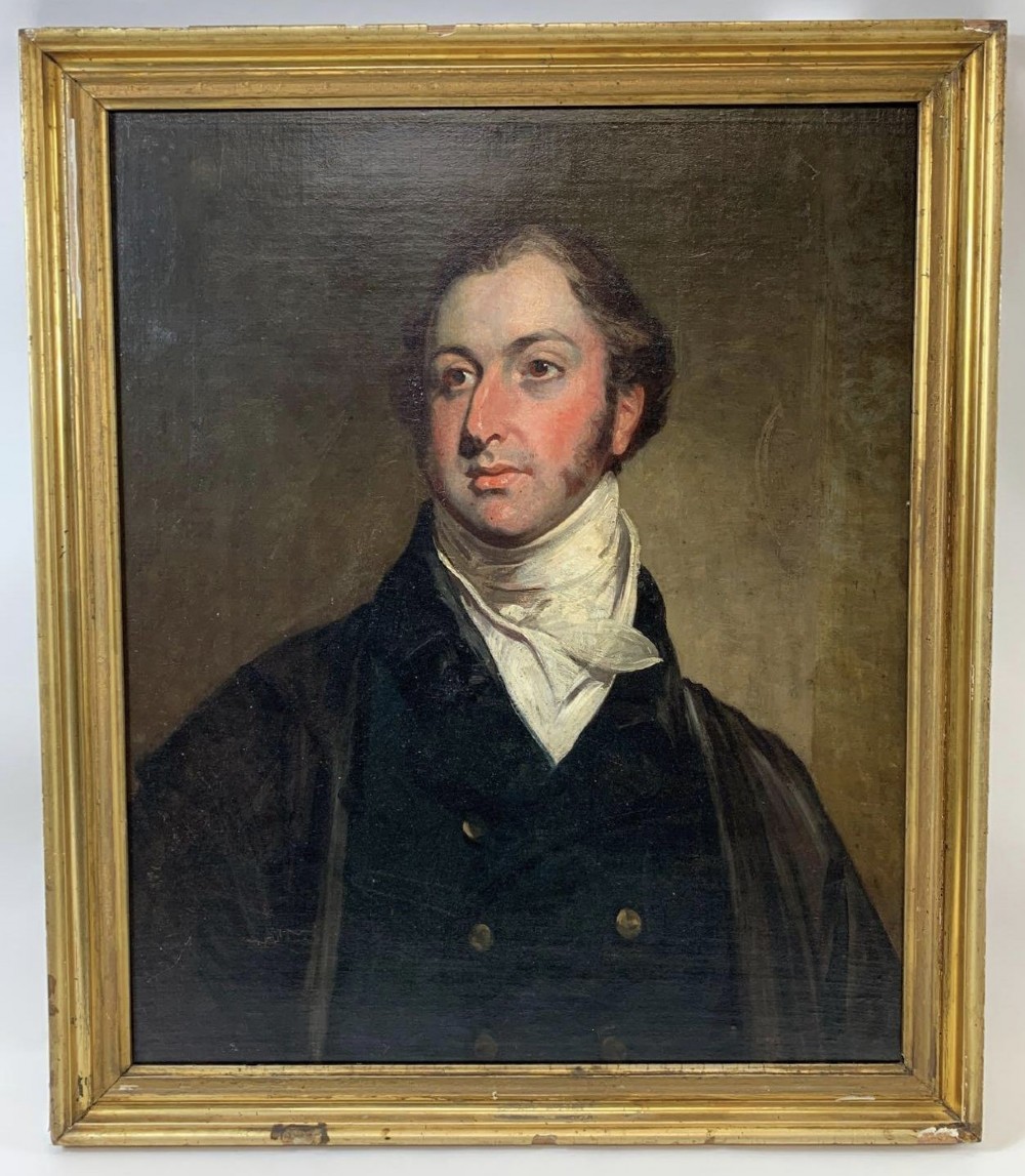 C18th oil painting on canvas portrait in a gilt frame titled MR Holmes 