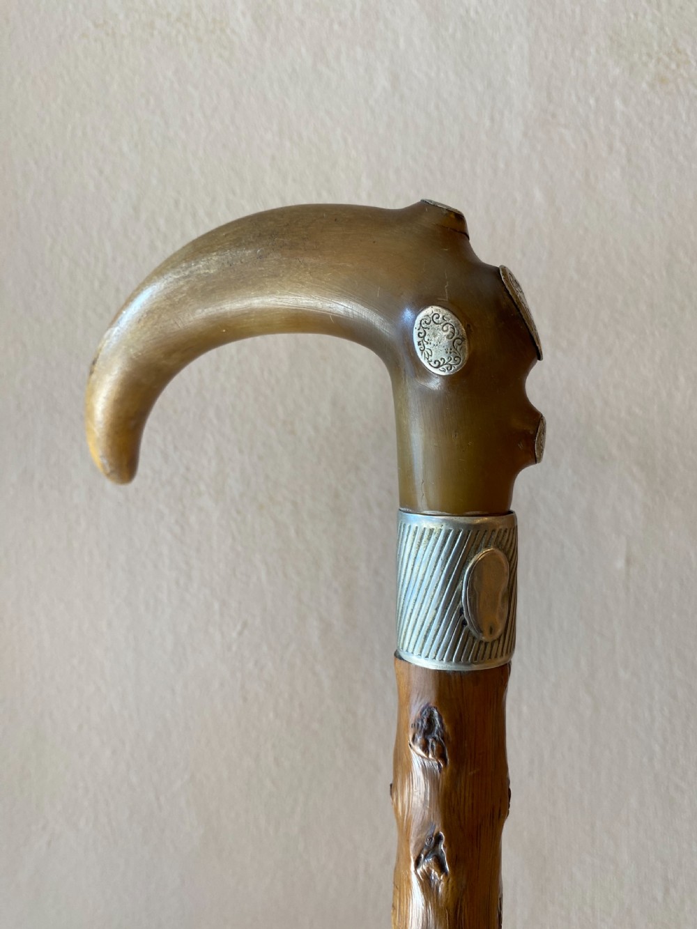 Horn handled walking stick with white metal mounts  View II