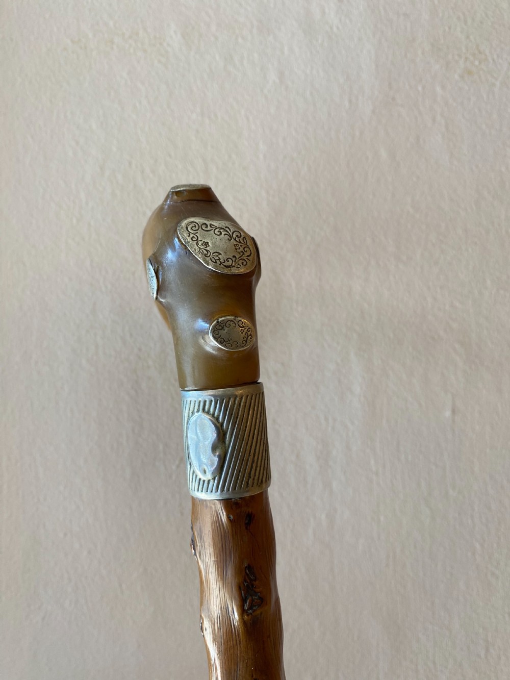 Horn handled walking stick with white metal mounts  View III