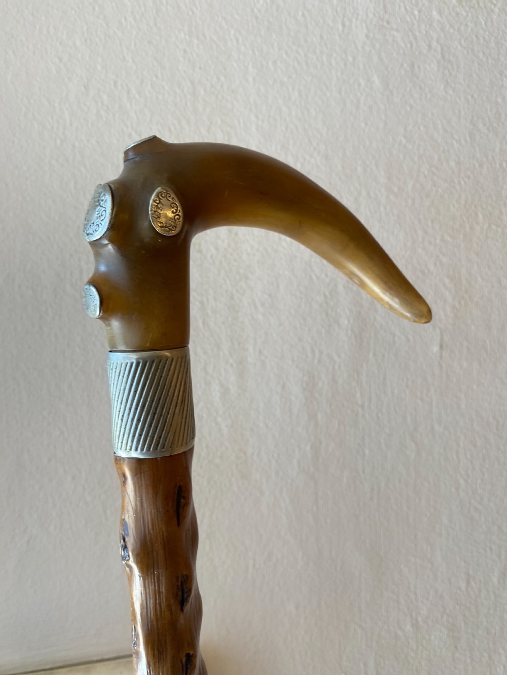 Horn handled walking stick with white metal mounts  View V