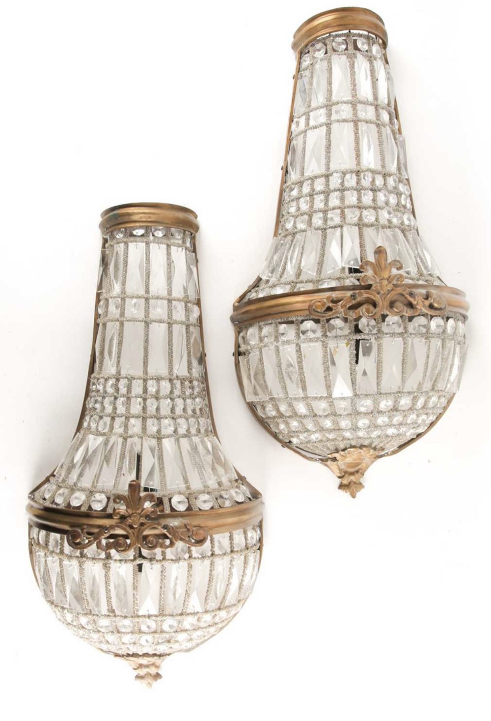 Pair of large cut glass bag form wall lights 