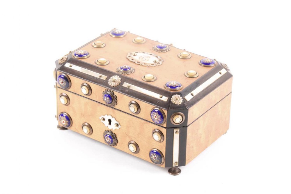 C19th jewellery casket in birds eye maple and applied cabachons 