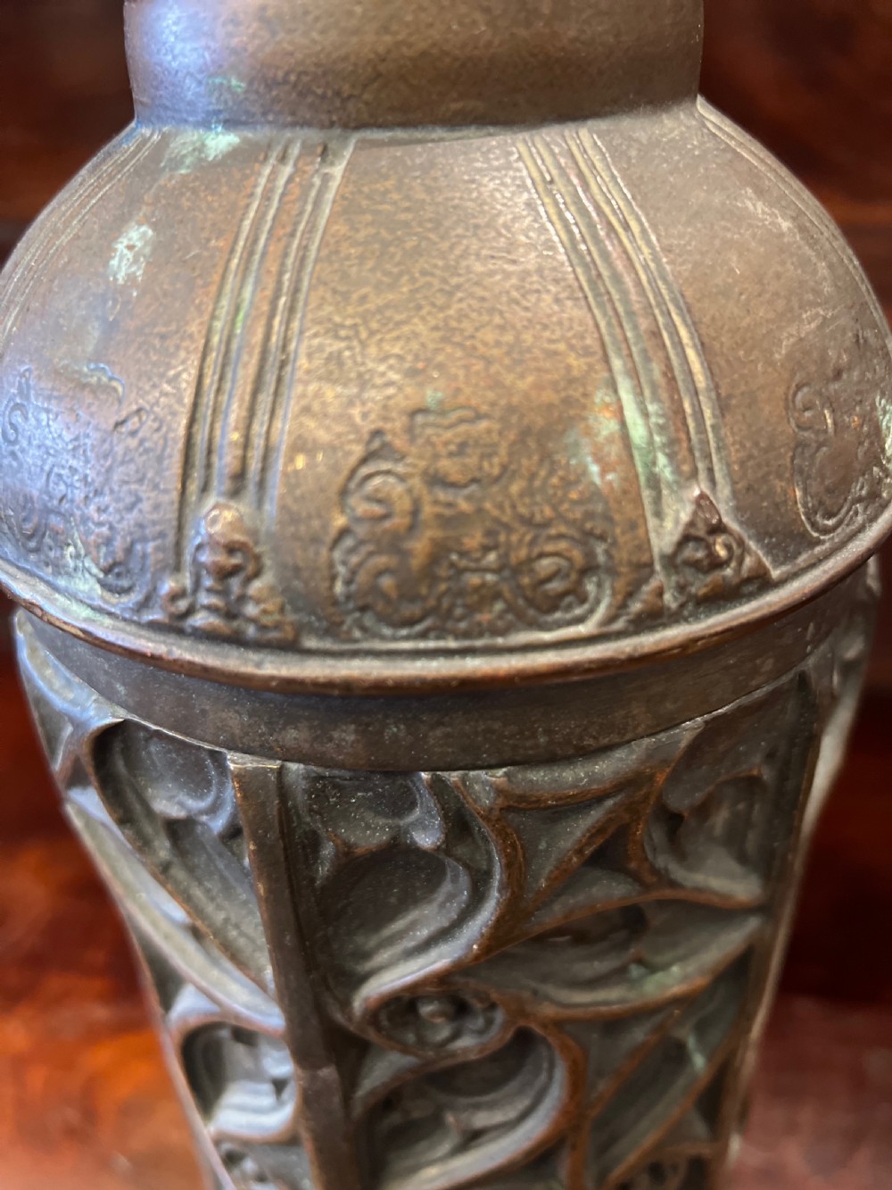 C19th gothic brass candle container  View V