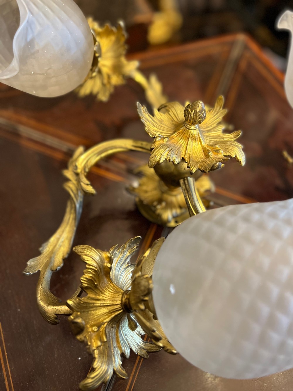 Edwardian ormolu and glass electrolier ceiling light  View V