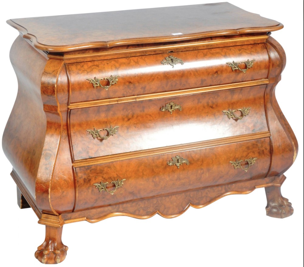 C19th burr walnut Dutch bombe chest of three drawers 