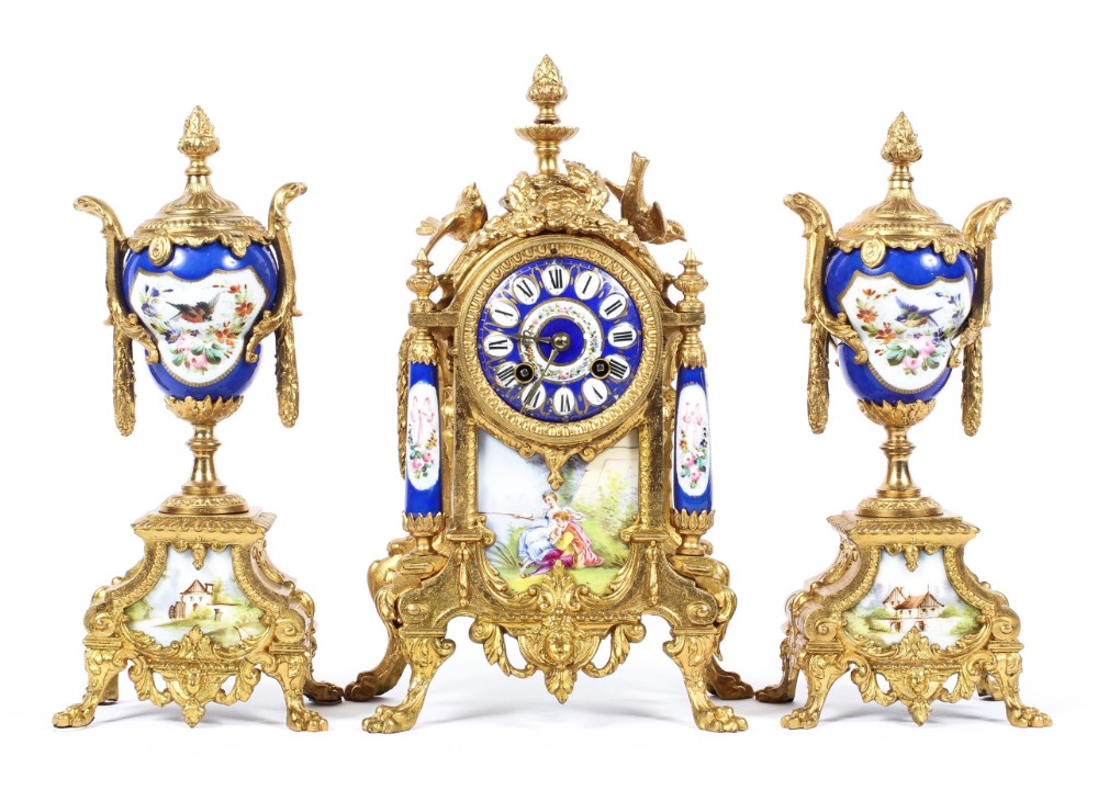 C19th French gilt mantle garniture with blue Celeste serves style plaques