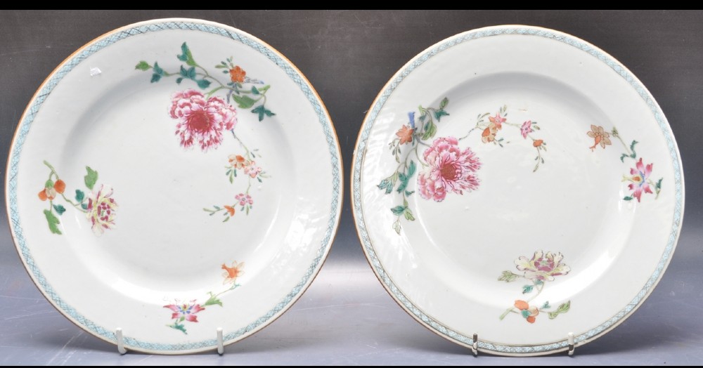 Pair of C18th Chinese porcelain plates with famille rose decoration 