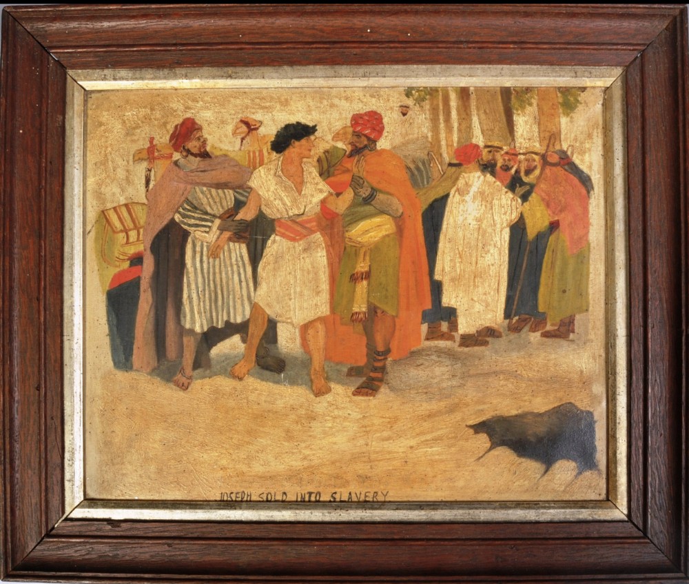 Early C20th naive oil on canvase of Joseph sold into slavery 