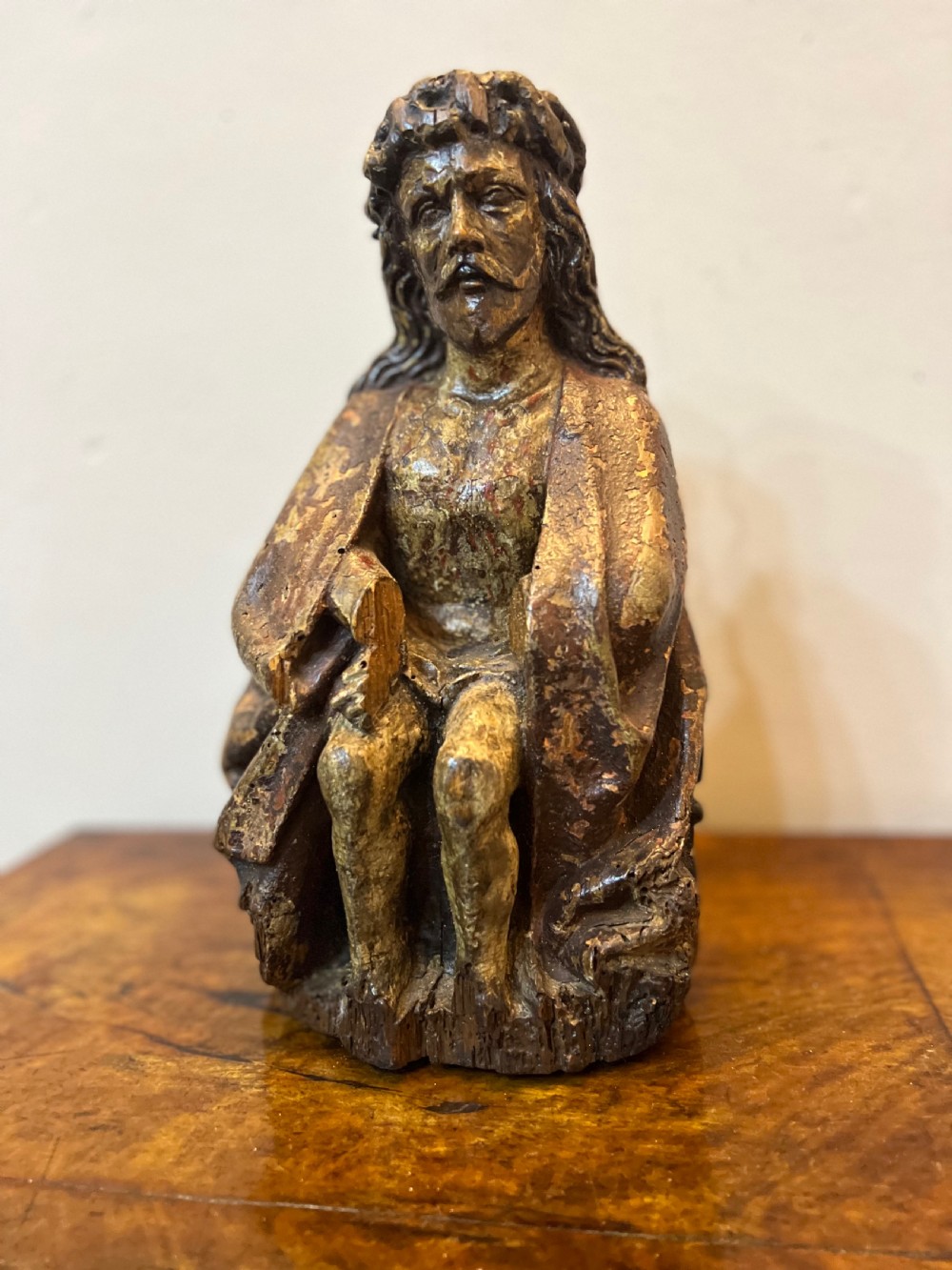 C1450 carved wood polychrome painted Christ sat on the cold stone  View IV