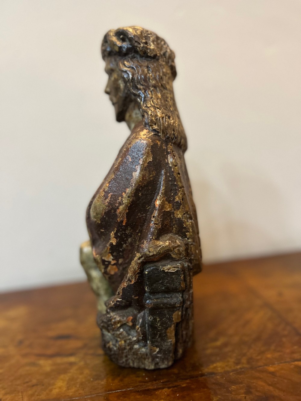 C1450 carved wood polychrome painted Christ sat on the cold stone  View XI