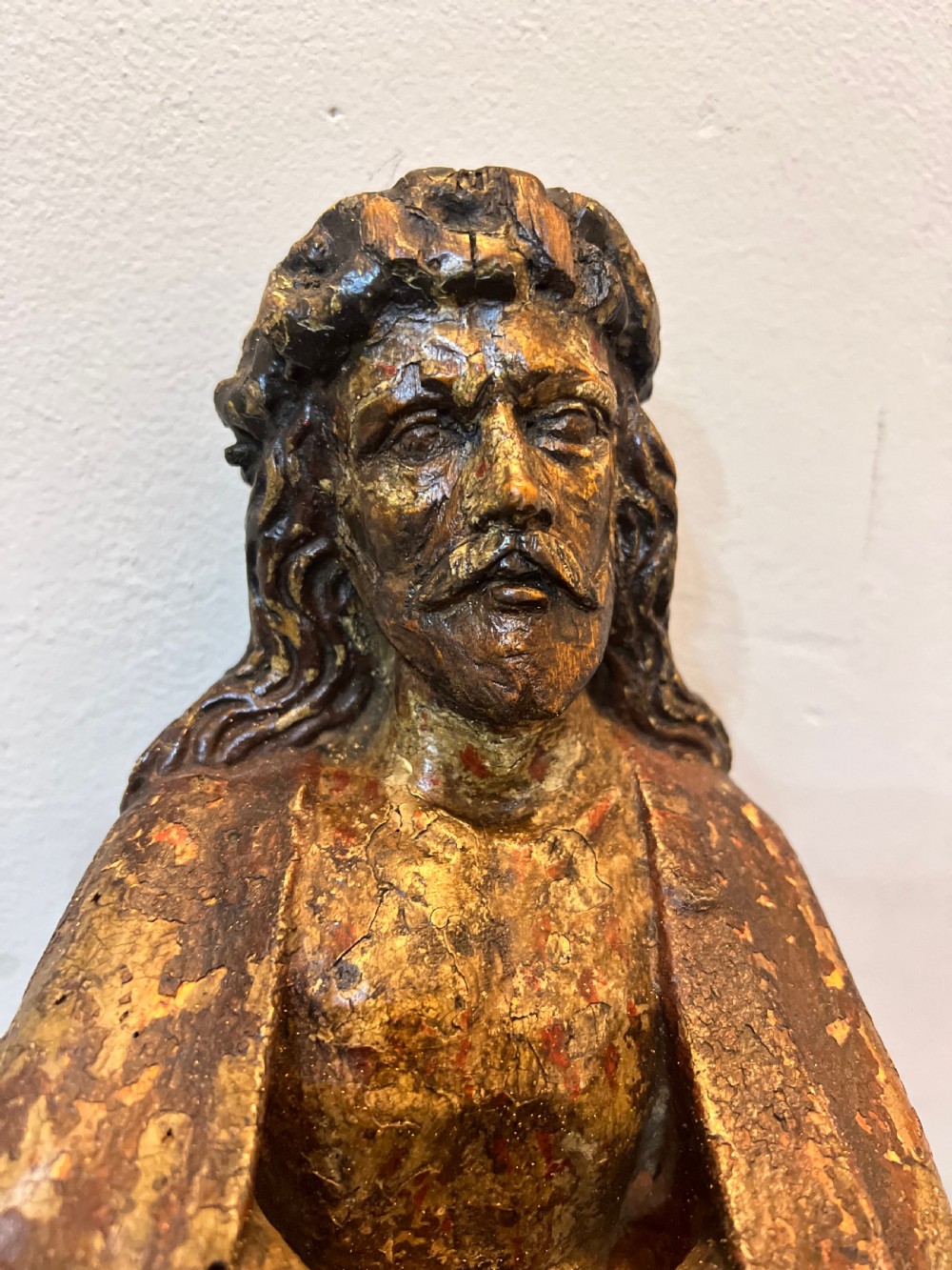 C1450 carved wood polychrome painted Christ sat on the cold stone  View XIII