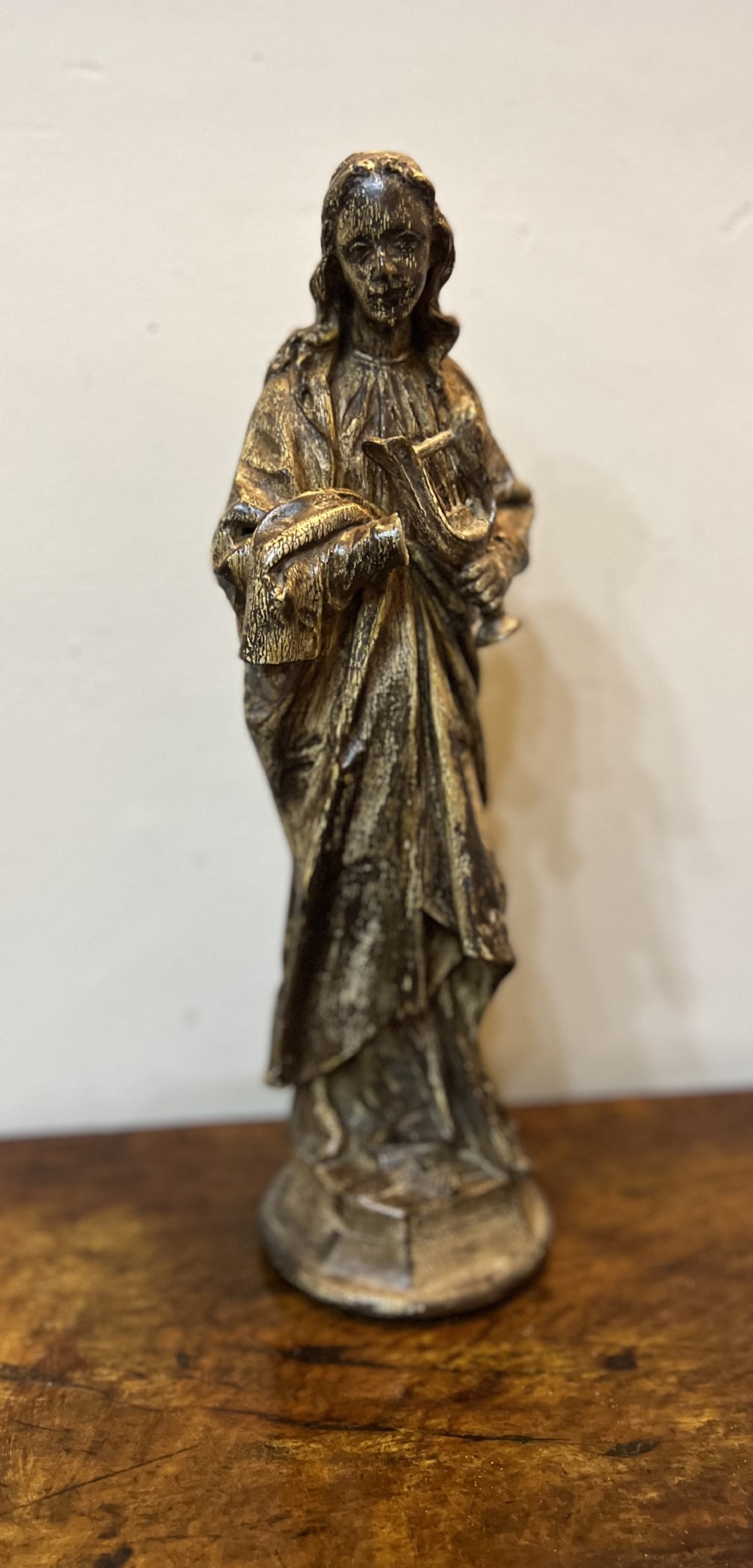 C18th european polychrome carved wood figure of St Cecile 