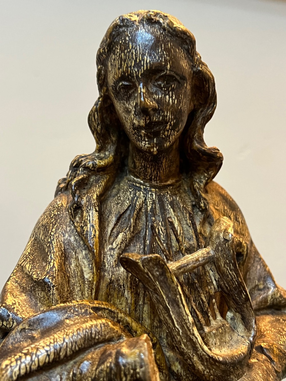 C18th european polychrome carved wood figure of St Cecile  View II