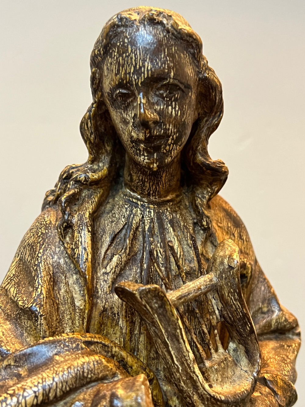 C18th european polychrome carved wood figure of St Cecile  View III