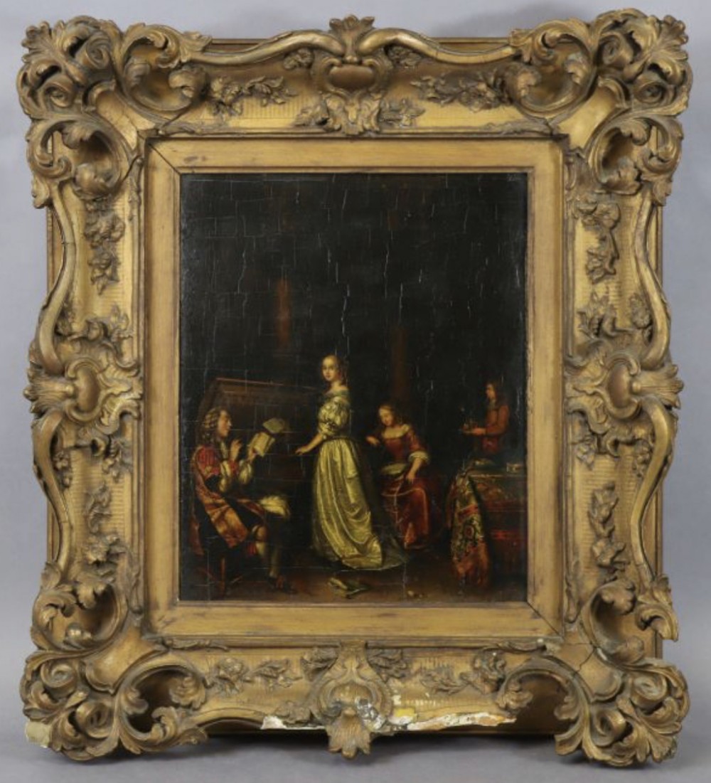 C17th oil on board ‘the duet’ after Casper Netscher ( 1639-1684) 