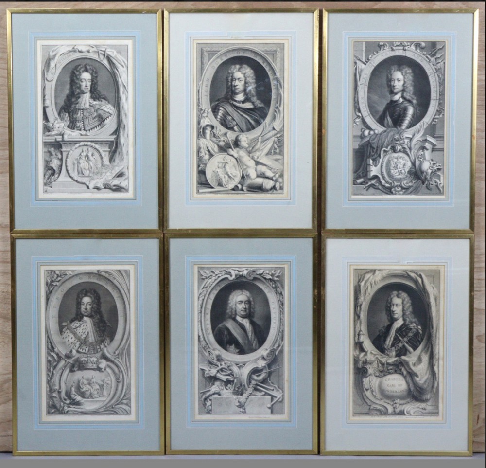 Set of six line engravings of C18th figures 