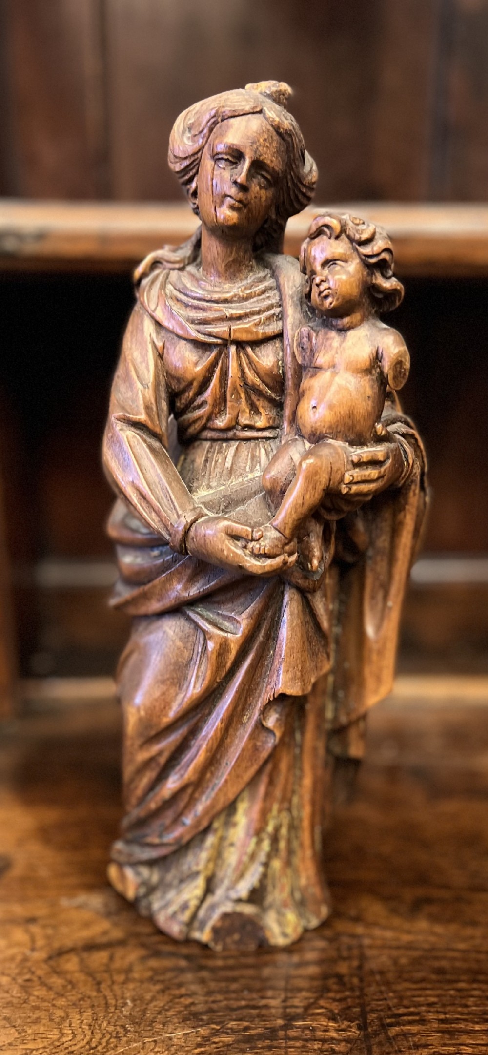 C18th lime wood carved figure of Madonna and child 