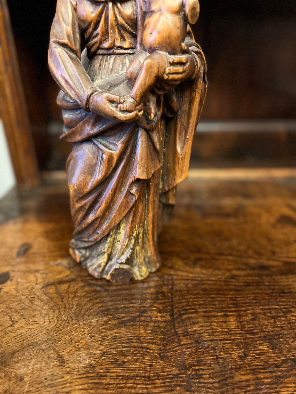 C18th lime wood carved figure of Madonna and child  View III