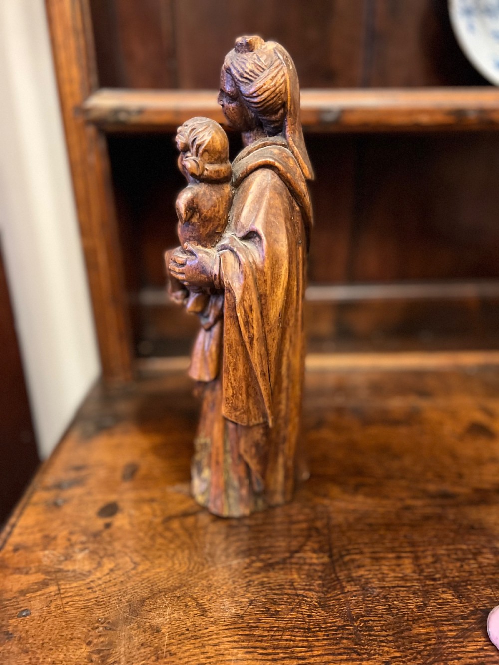 C18th lime wood carved figure of Madonna and child  View VII