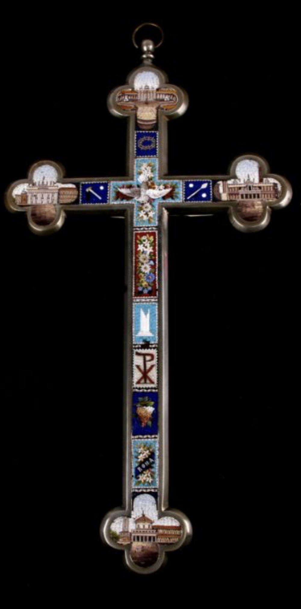 A C19th micro mosaic white metal cross depicting views of St. Paul’s 