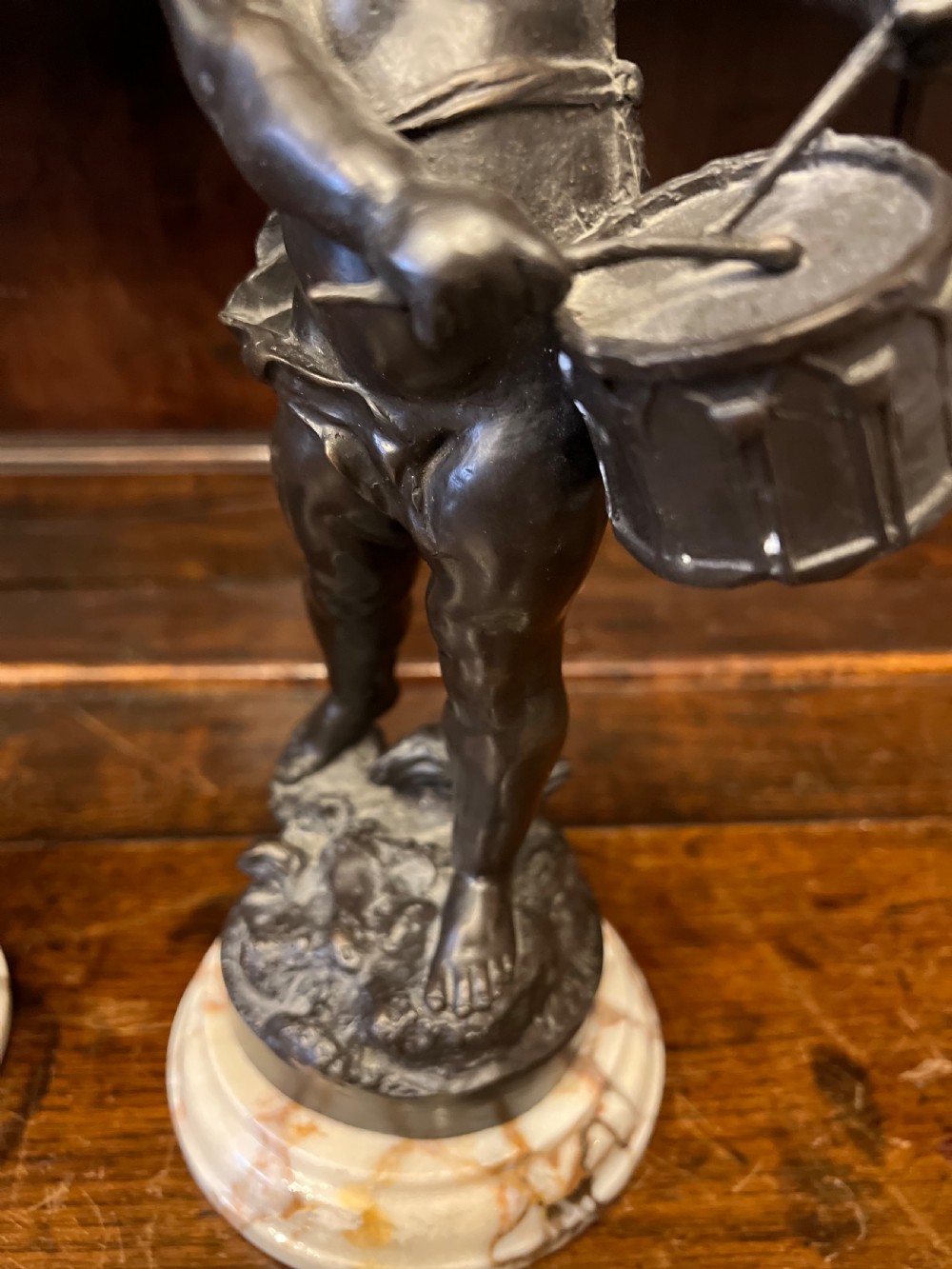 Pair of bronze cherub musicians on marble bases  View III
