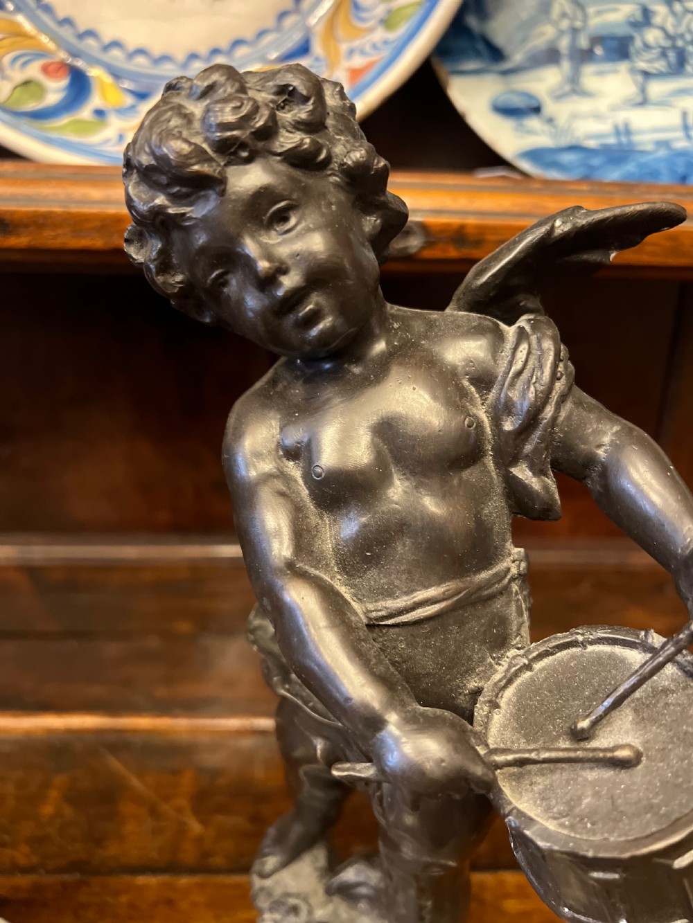 Pair of bronze cherub musicians on marble bases  View IV
