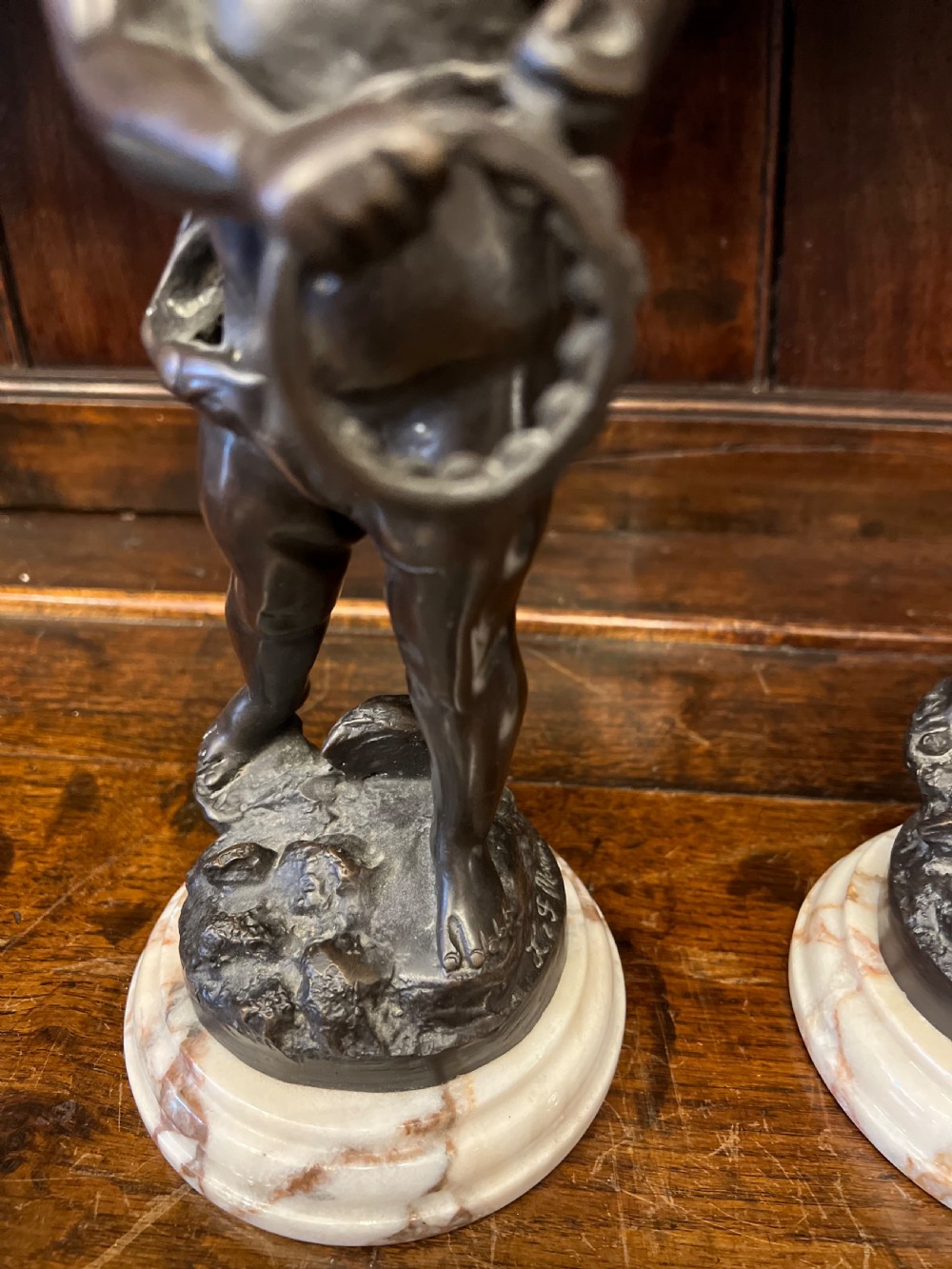 Pair of bronze cherub musicians on marble bases  View V