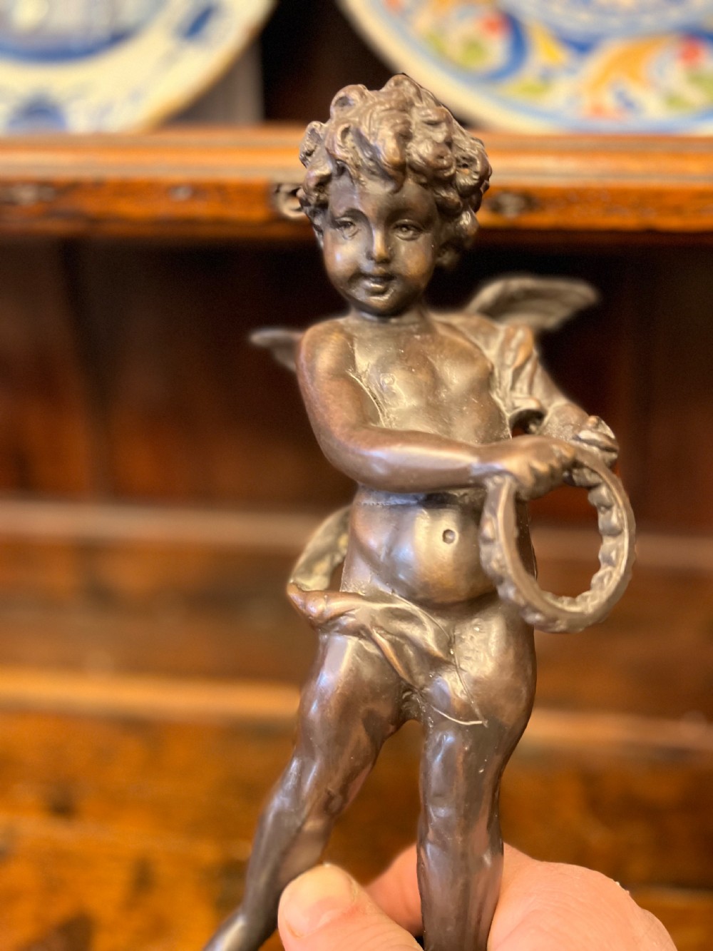Pair of bronze cherub musicians on marble bases  View VI