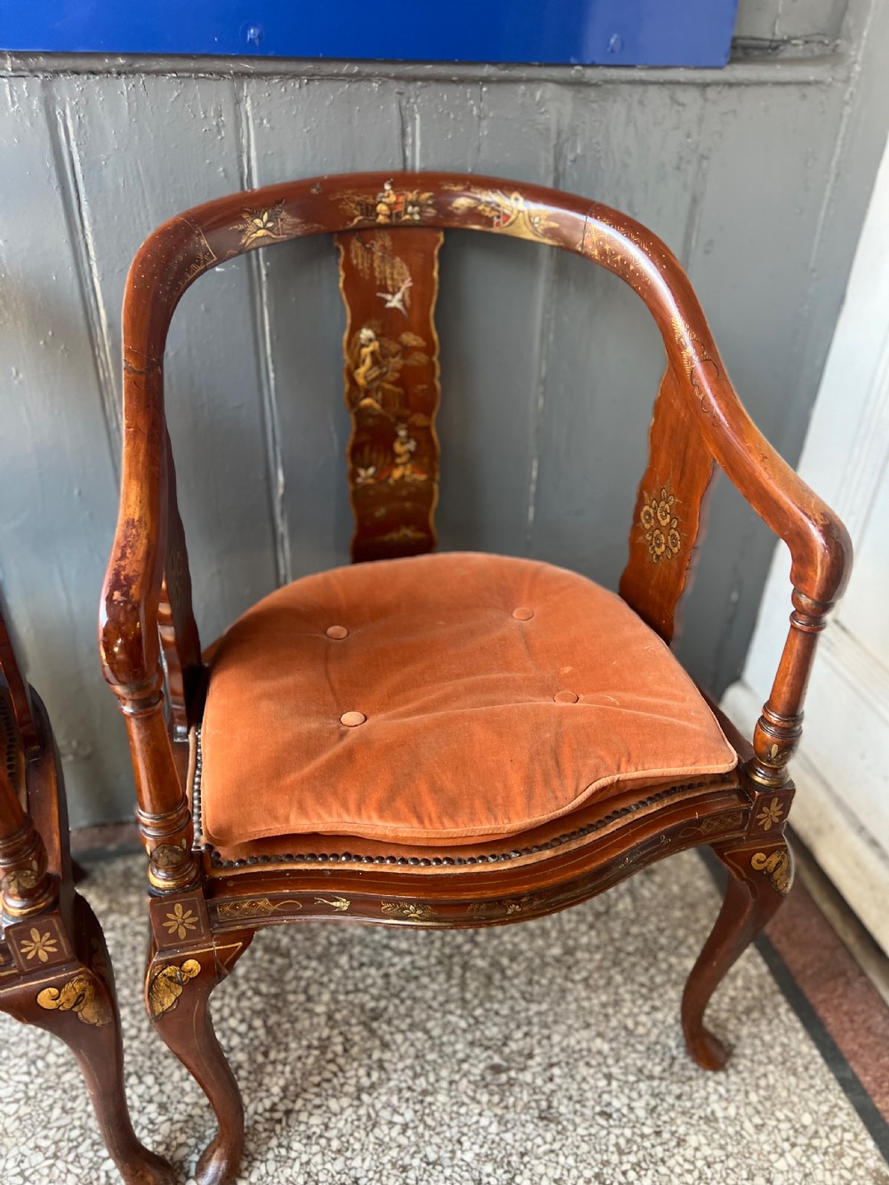 Pair of red lacquered chinoiserie armchairs C1910 View VIII