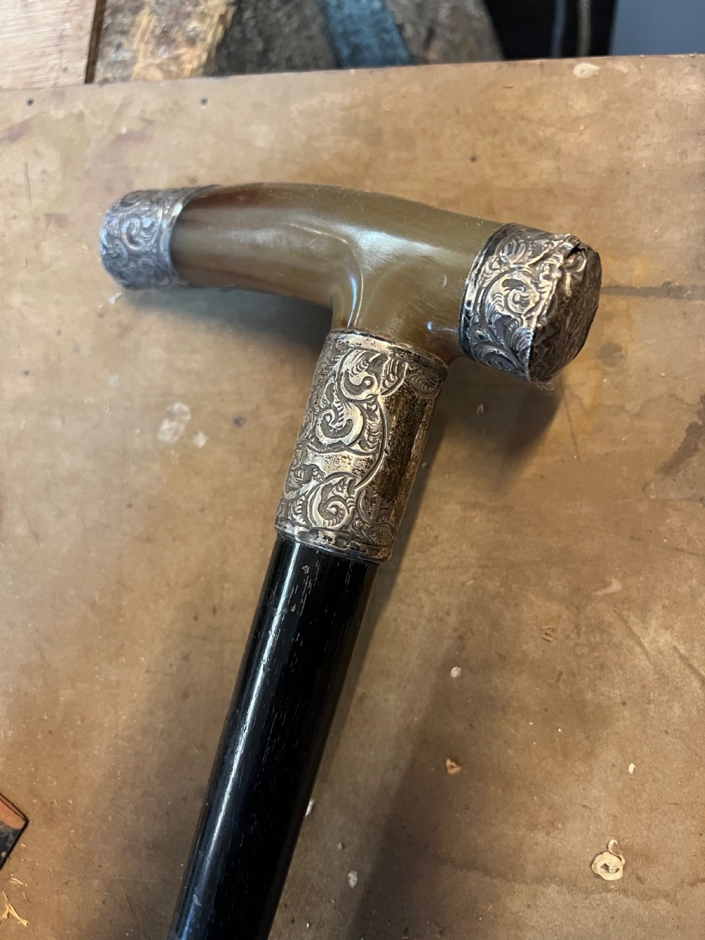 Horn and silver handled walking stick