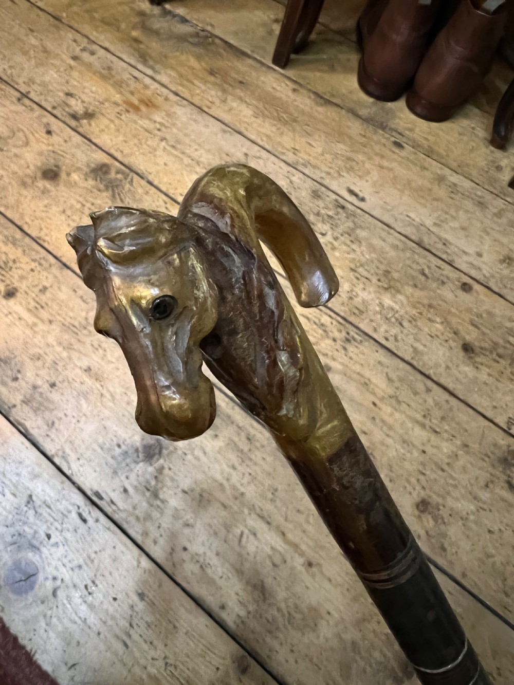 Horn handles walking stick with carved horses head View II
