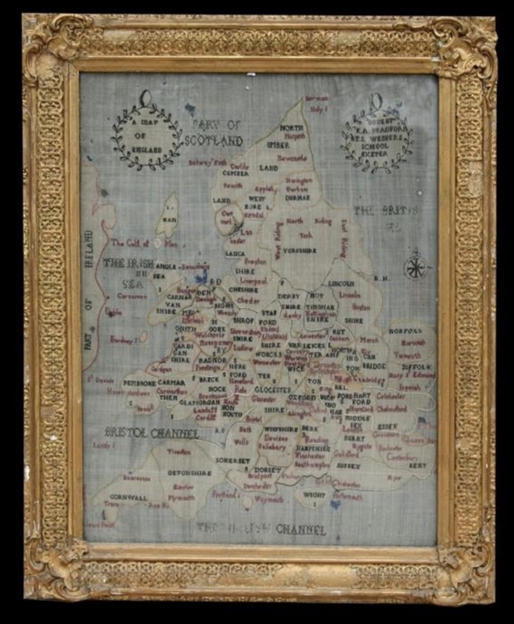 C19th map of England sampler by KA Bradford of weathers school Exeter