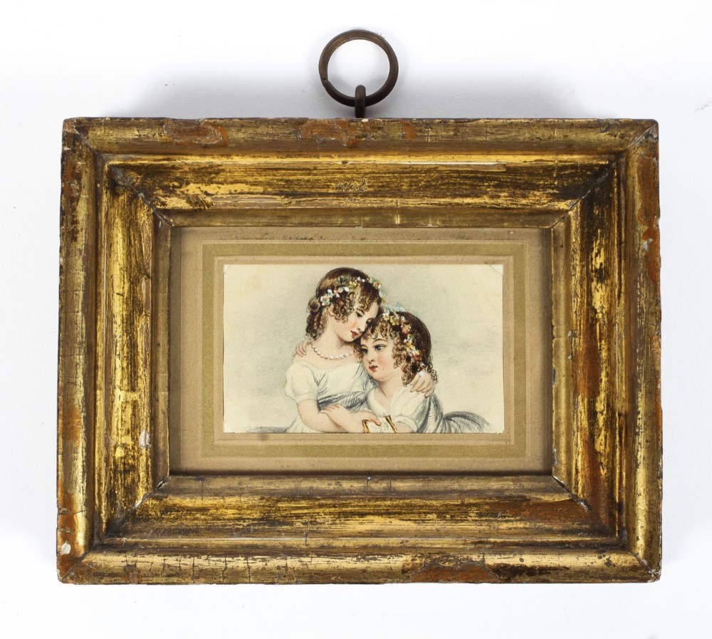 Victorian portrait of two girls in gilt frame 