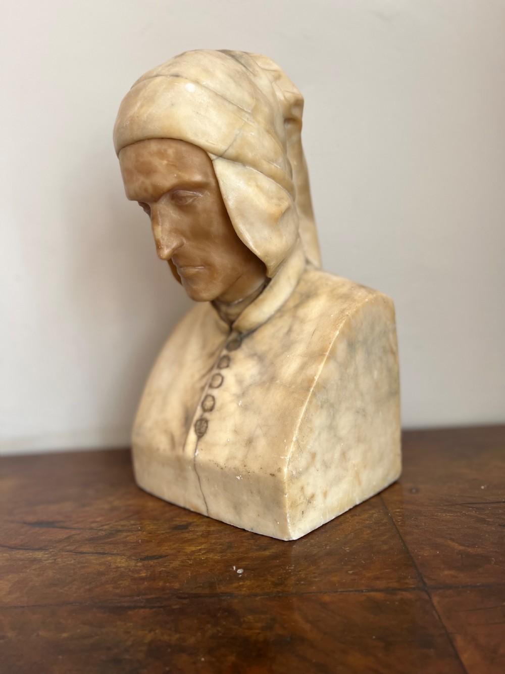 C19th Italian carved marble and alabaster bust of Dante View II