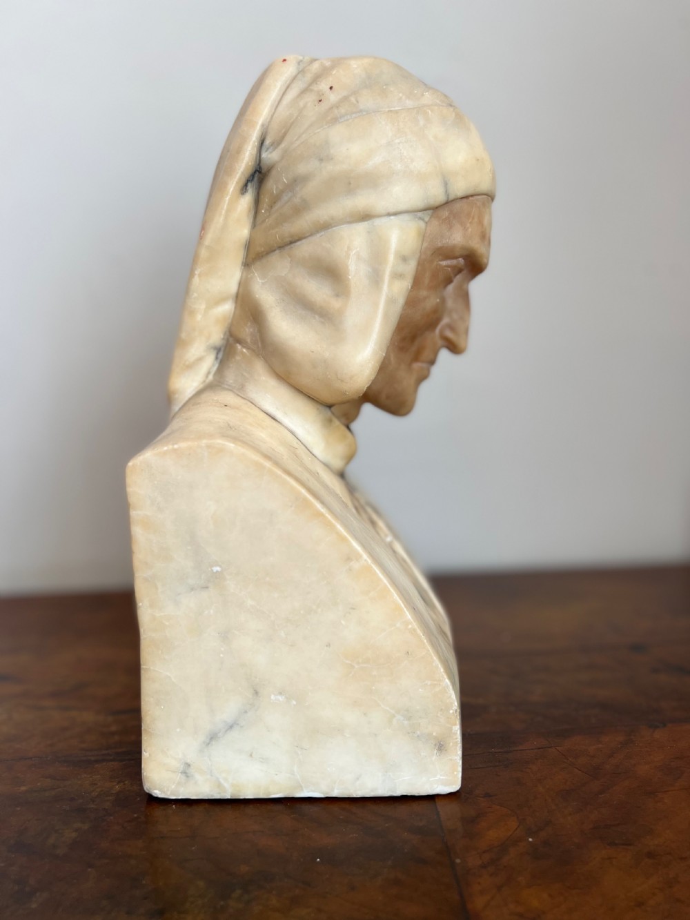 C19th Italian carved marble and alabaster bust of Dante View III