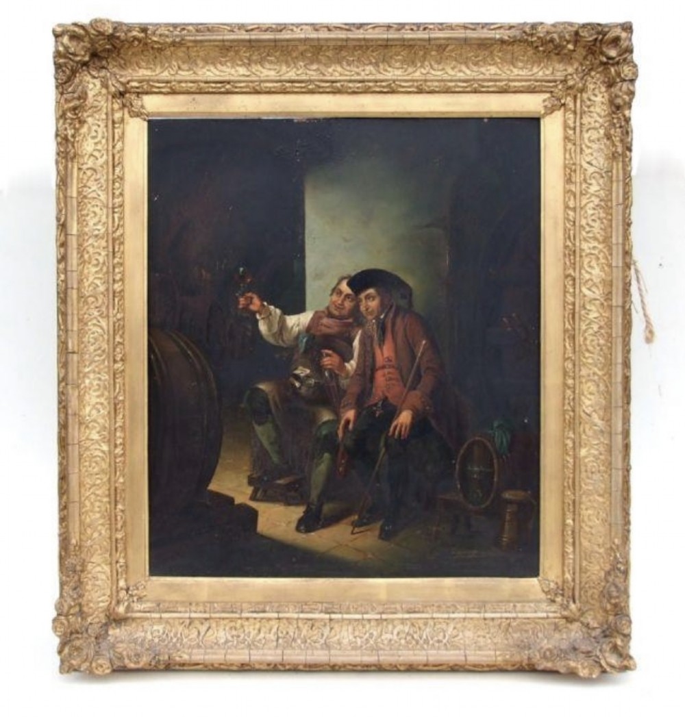 C19th continental oil painting set in a wine cellar 