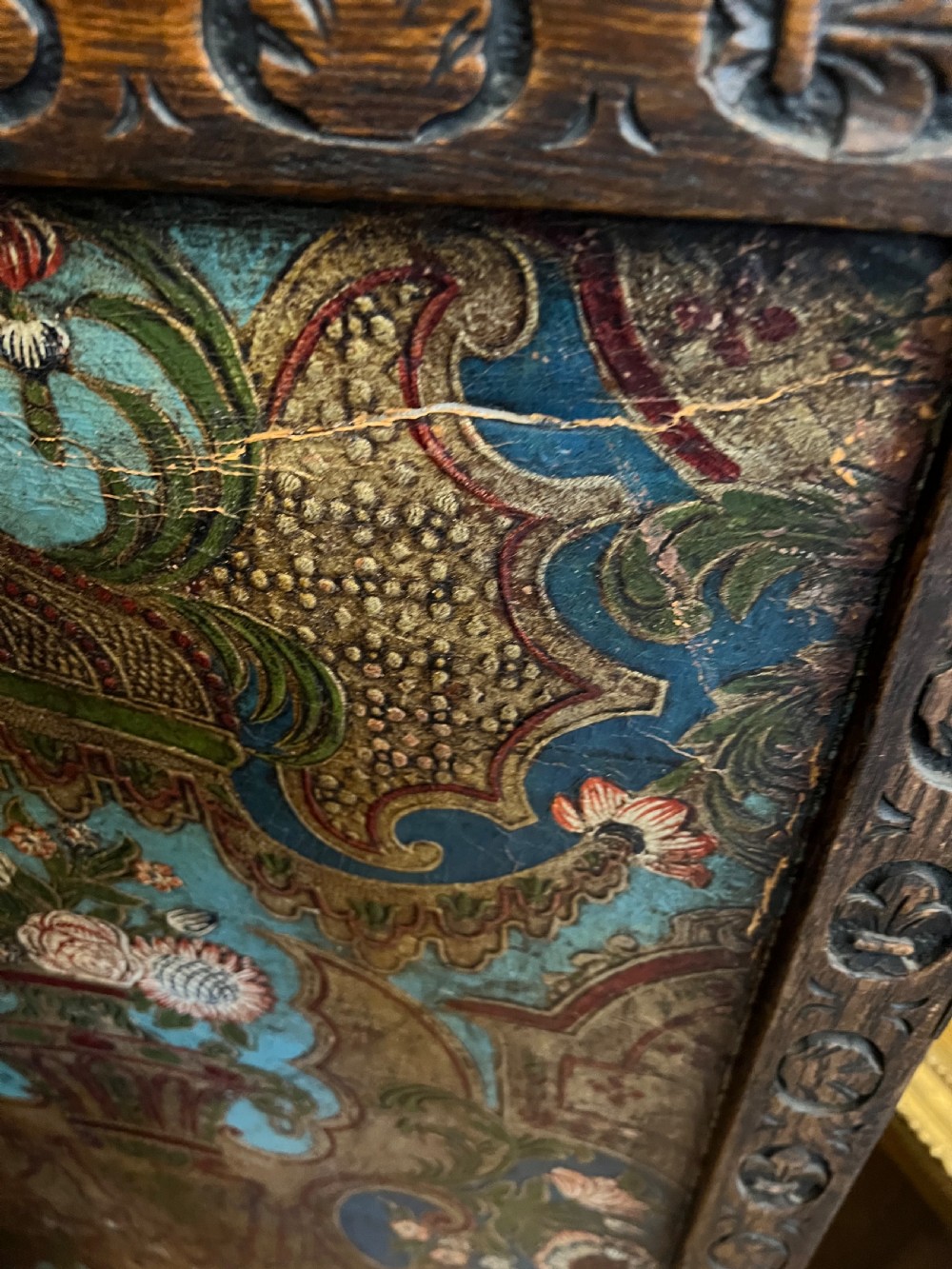 C19th oak and tooled leather room divider in tooled leather and carved  View V