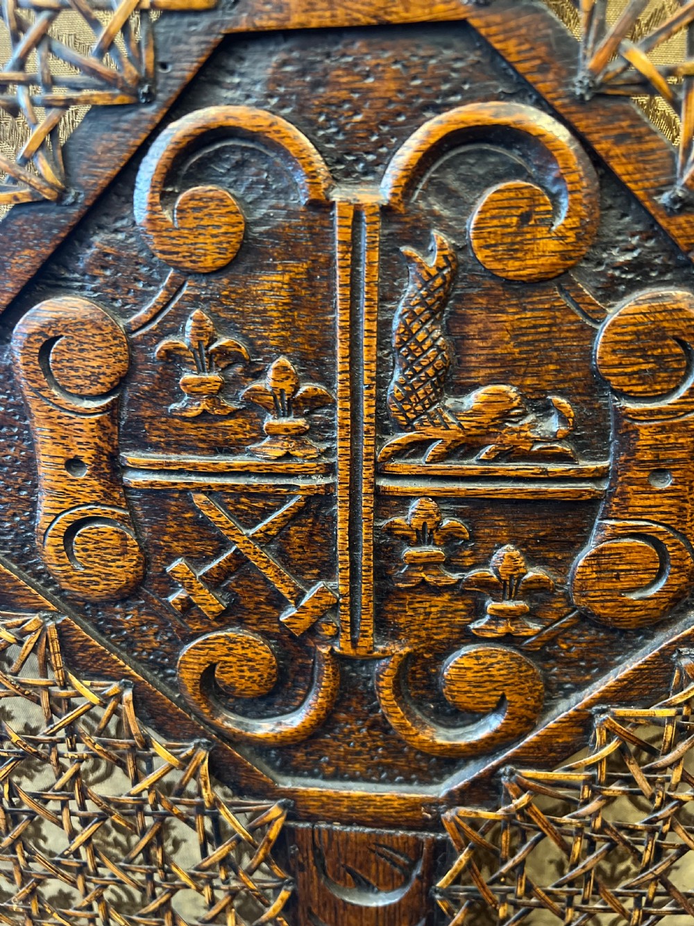 C19th oak and tooled leather room divider in tooled leather and carved  View VII