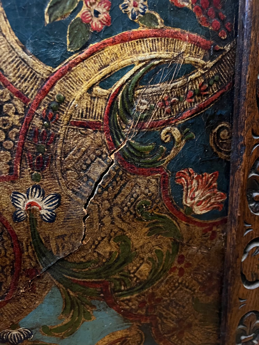C19th oak and tooled leather room divider in tooled leather and carved  View IX