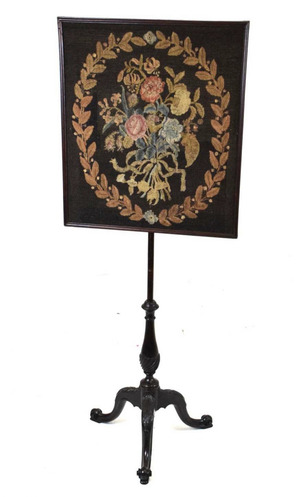 George III mahogany pole screen with embroidered panel