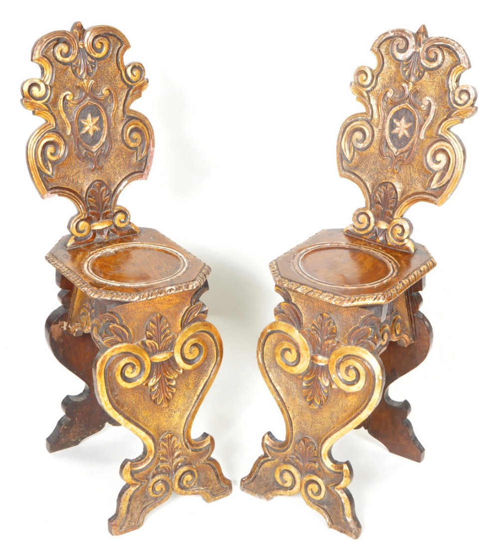 C18th pair of sgabello hall chairs painted and parcel gilt 