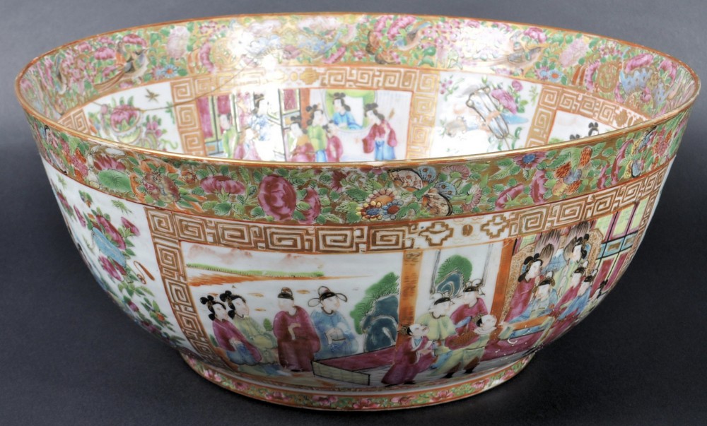Early C19th large Cantonese punch bowl ( damaged and riveted ) 