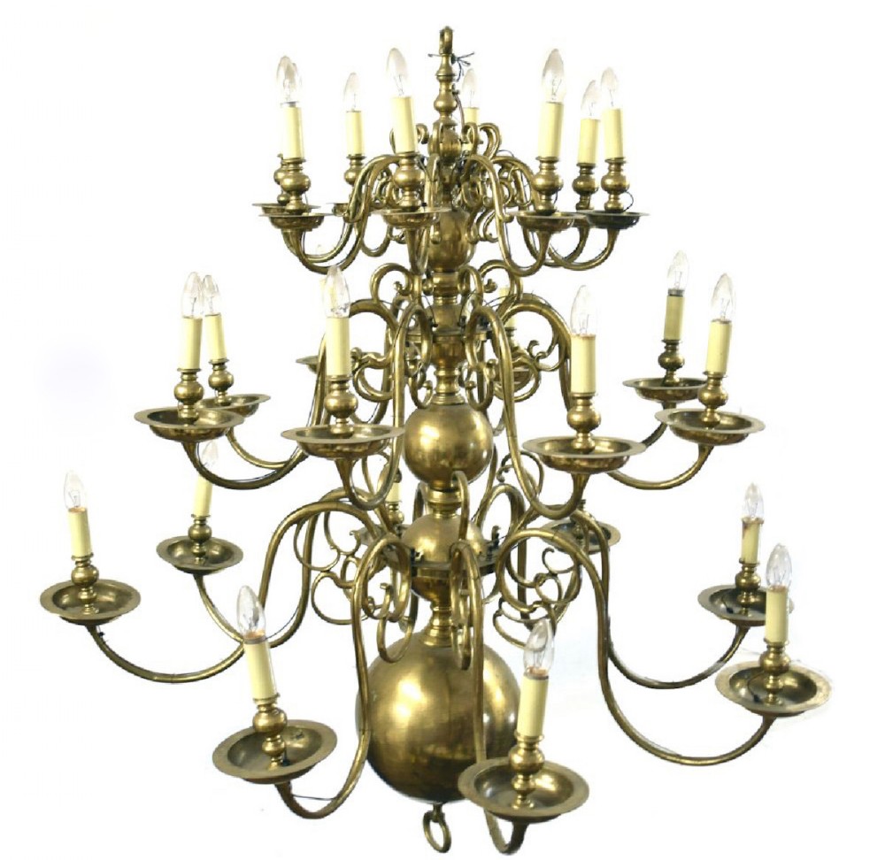 Huge C19th brass Dutch style three tier chandelier suitable for a large building 