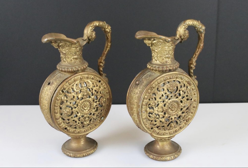 C19th Pair of gilt spelter pilgrim flasks 